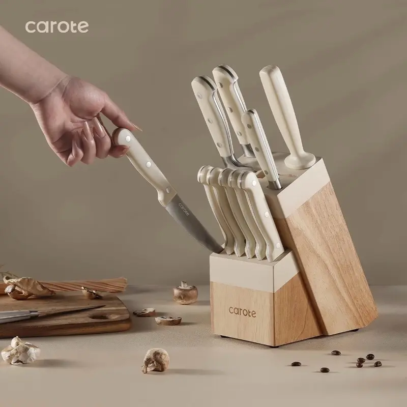 CAROTE 14-Piece Forged High-Carbon Stainless Steel Sharp Kitchen Knives Set with Cream Knife Block, Dishwasher Safe Cutlery