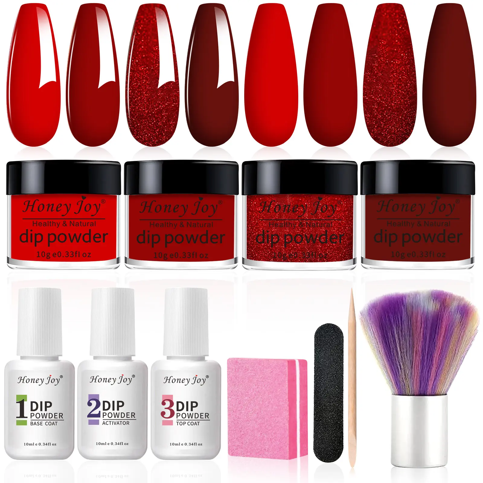 Honey Joy Dip Powder Nail Kit Red & Glitter Set with Base Top Coat DIY Salon Nails No Lamp Needed Complete Starter Kit Easy Application Long Lasting Shine Cruelty Free Odorless Non Irritating Healthy Formula Manicure - Polish, Gentle