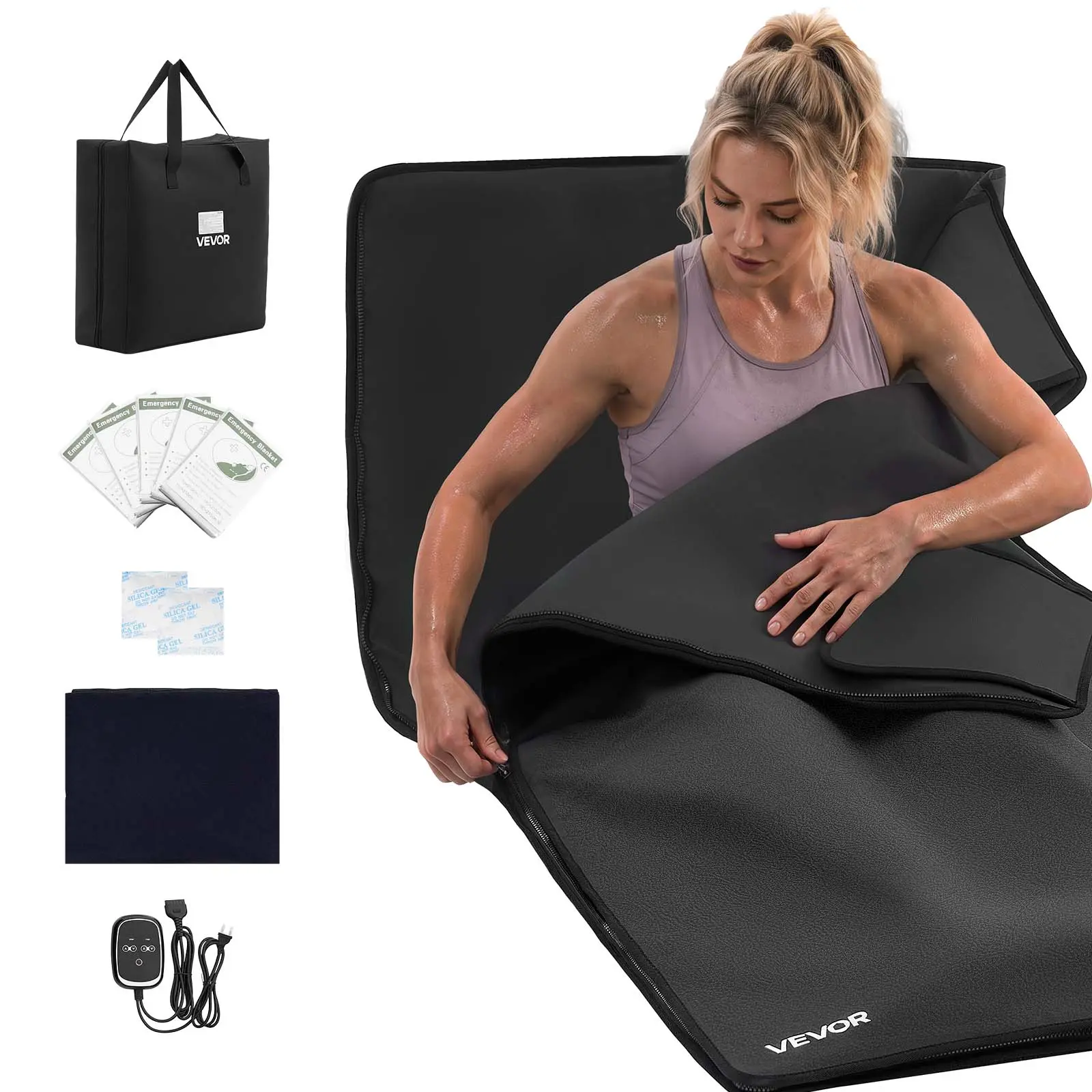 VEVOR Infrared Sauna Blanket 73 x 35 in, Portable PU Leather Sauna Bag, Even Heating for Home Detox & Relaxation, Temp Control & Timer, Full-Body Heating Wrap with Towel Liner, Carry Bag, Black