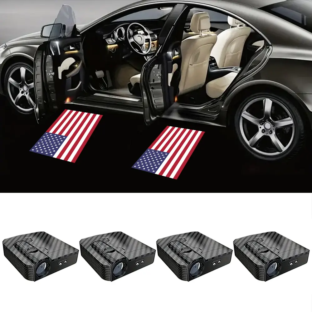 4-Pack Patriotic Theme USA Flag Car Door Welcome Projector Nightlights, Auto Sensing Wireless No-Drill LED Ghost Shadow Lamps, Adhesive Tape Mount, Battery-Powered Exterior Upgrade for All Cars, Sedan, SUV, Truck, Van