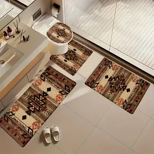 Southwestern Native American Bathroom Rug Set 3/4 Piece, Boho Aztec Geometric Non-Slip Bath Mat, U-Shaped Toilet Mat, Toilet Lid Cover, Absorbent Floor Mats for Bathroom Shower Tub, Western Tribal Decor