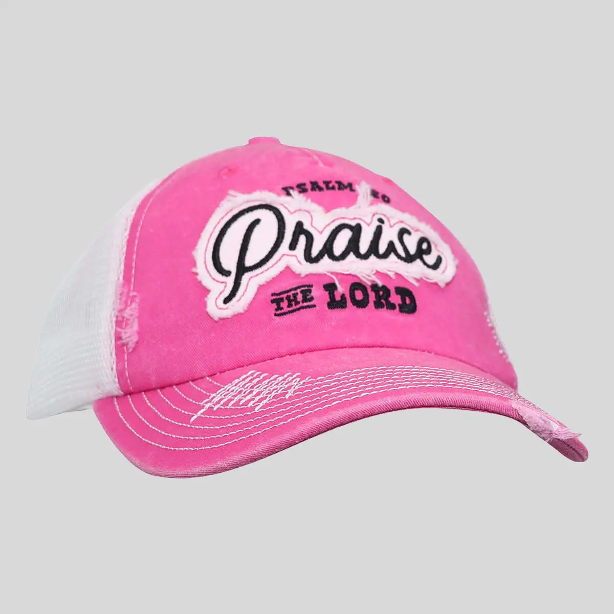 Women's Christian Praise Trucker Hat, Pink Cotton Fabric Cap with a Distressed Patch and Breathable Mesh Back Panel, Adjustable 1 Size Fits Most, One Size Fits Most