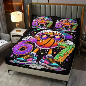 3Pcs Whimsical Cartoon Basketball Fitted Sheet Set, Vibrant Orange Basketball with Dripping Icing and Cool Sunglasses, Fun and Playful Bedding for Kids Room, Perfect for Colorful Decor! Includes 2 Pillowcases, No Pillow Core