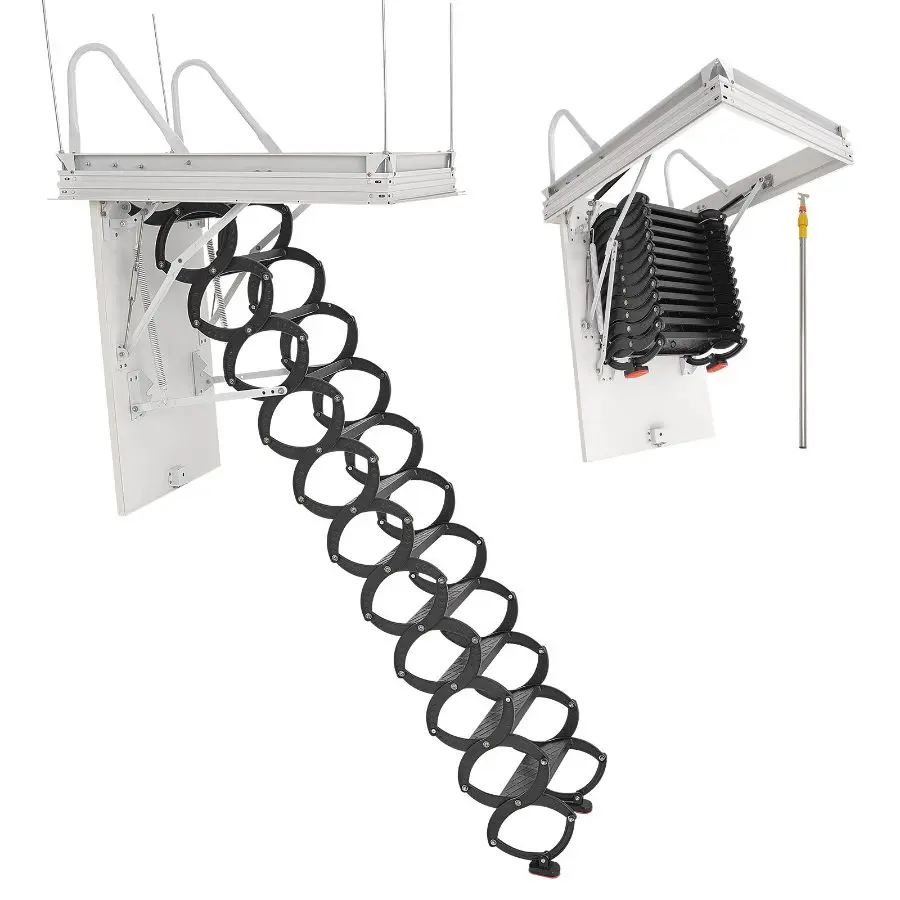 VEVOR Adjustable Attic Ladder, 660LBS/299.4KG Capacity, Extendable Pull-Down Retractable Ceiling Stair, Fits 8.5-9.4 ft Ceilings & 39.4x27.5 in Rectangular Tight Openings, Alloy Steel with Pulling Rod for Attic Loft Roof, Retracts Up