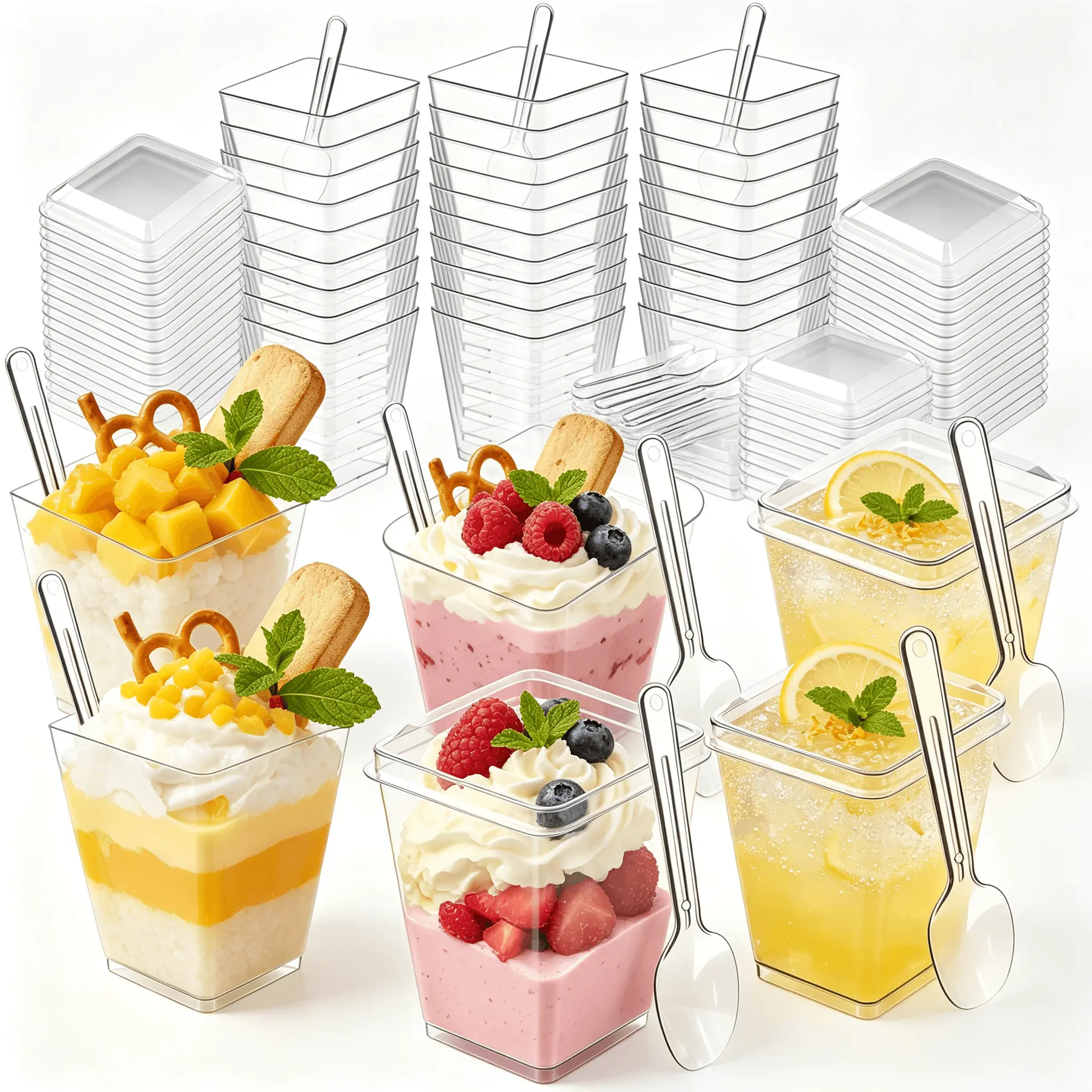 50-Pack 5oz Clear Plastic Square Mini Dessert Cups with Lids and Spoons - Disposable Parfait Shooters for Party, Wedding, Small Business Bakery (Tiramisu, Cheesecake, Pudding, Fruit Compatible)