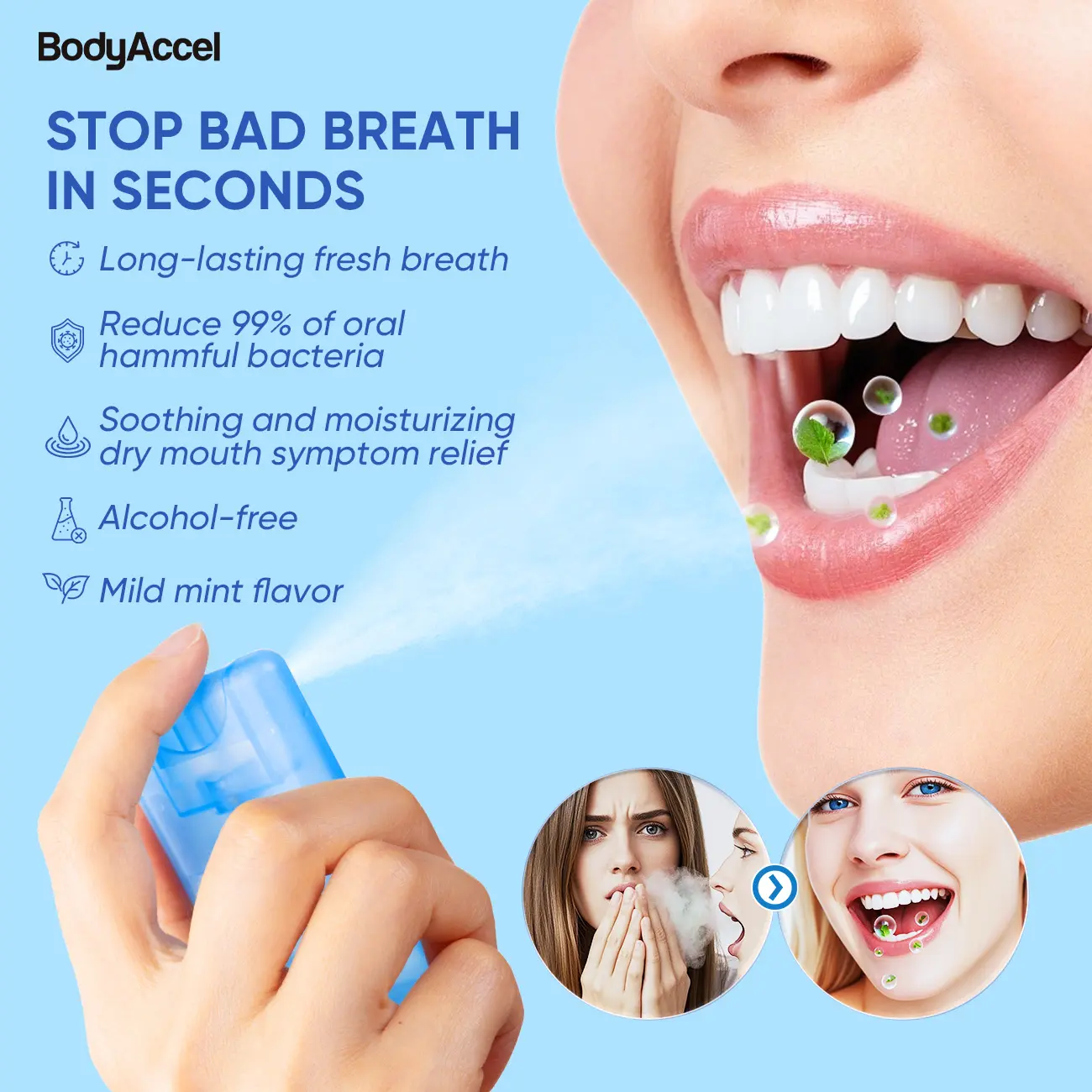 BodyAccel Probiotic Oral Spray Portable, Breath Freshener for Long-Lasting Freshness Mint Flavor