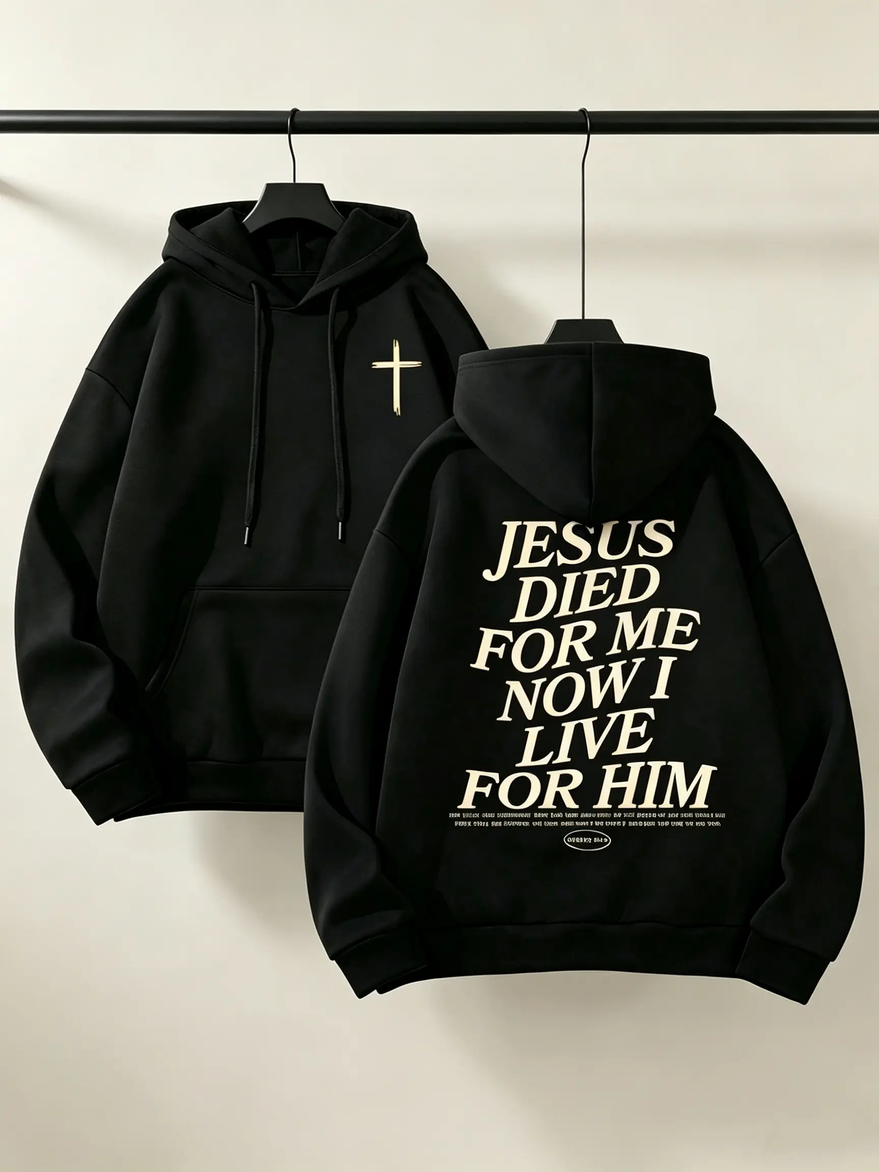 Double Sided Print Jesus Died For Me Hoodie, 270G Brushed Fleece Oversized Black Hooded Sweatshirt, Front Small Gold Chest Cross & Back Vertical Scripture Typography, Minimal Christian Faith Streetwear Pullover For Men Women Teens