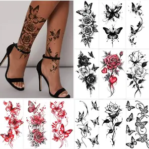 12 Sheets Waterproof Body Art Arm leg Temporary Tattoo Sticker Black Red Rose Butterfly