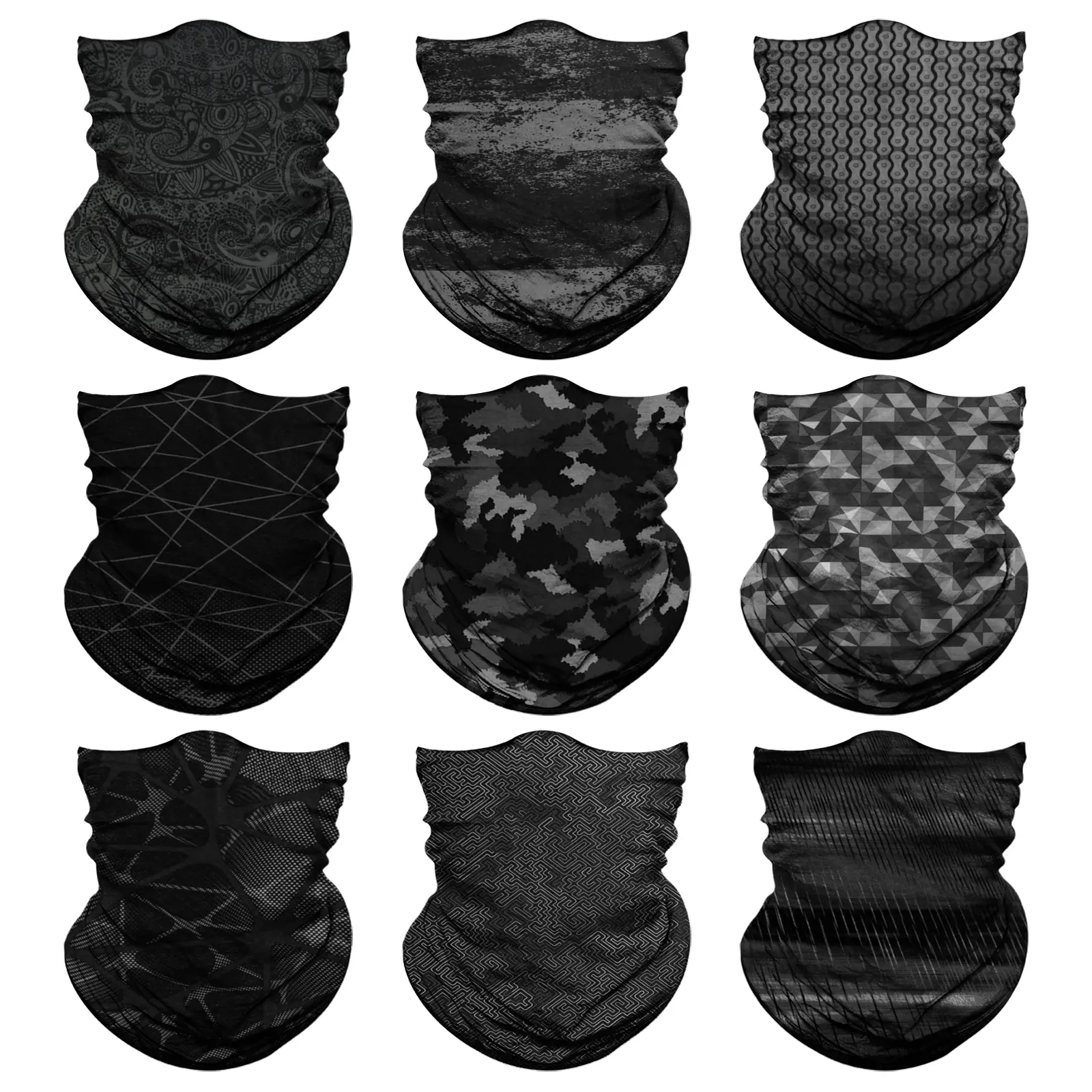 9-Pack Unisex Neck Gaiter Masks, Seamless Square Scarves, Party Face Masks, Balaclavas, Headbands, Headscarves, Headwear, Camouflage, Black, Outdoor Essentials, Sun Protection Face Masks