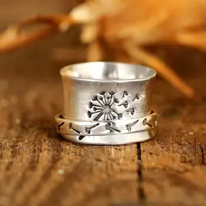 Anxiety Relief Rotatable Silver Engraved Dandelion Artificial Gemstone Flower Ring - Elegant Inspirational Hope Jewelry Accessory for Stress Relief, Anxiety Relief Ring