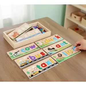 Word Puzzle Toy Set, Includes 52 Letter Blocks & 8 Dual-Sided Word Boards, Wooden Box, Educational Tool for Kids 3-6, Ideal Gift, Wooden Jigsaw Puzzle, Wooden Puzzles