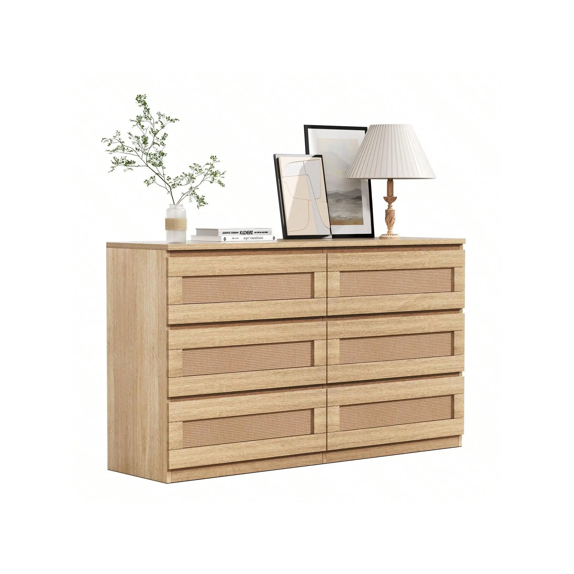 Rattan 6-Drawer Bedroom Dresser - Modern Wide Chest Drawers with Anti-Tip Kit