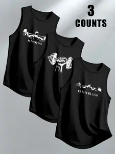 Men's Dumbbell Weightlifting Graphic Sleeveless T-Shirt, 3 Pack Casual Summer Vest, Daily Comfort Wear, Fitted Style