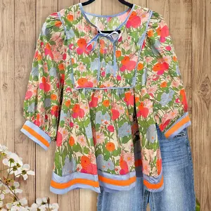 SageVell Pastel Pink Floral Print Top Puff Sleeve Loose Fit Vibrant Blossoms for Fresh Style Boutique Clothing for Moms Teachers Round Neck Blue Women's Blouse