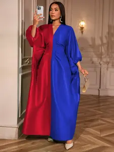 Elegant Women's Long Loose Dress, Ruched V-Neck Lantern Sleeves, African Fashion Aesthetics Sparkling Formal Party Dress, Stylish Evening Gown