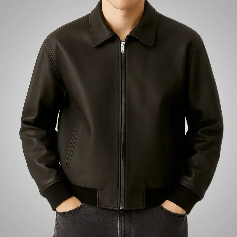 Oversized Matte Black Leather Bomber Jacket | Relaxed Streetwear