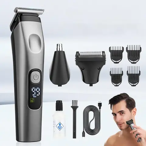 Men's 3-in-1 Stainless Steel Beard Trimmer - Waterproof Cordless Electric Grooming Kit with Facial Shaver, Hair Clipper, Nose-Ear Trimmer, Adjustable Settings, Flawless Precise Trim, Easy Clean, Rechargeable Daily Face & Body Groomer Gift for Husbands