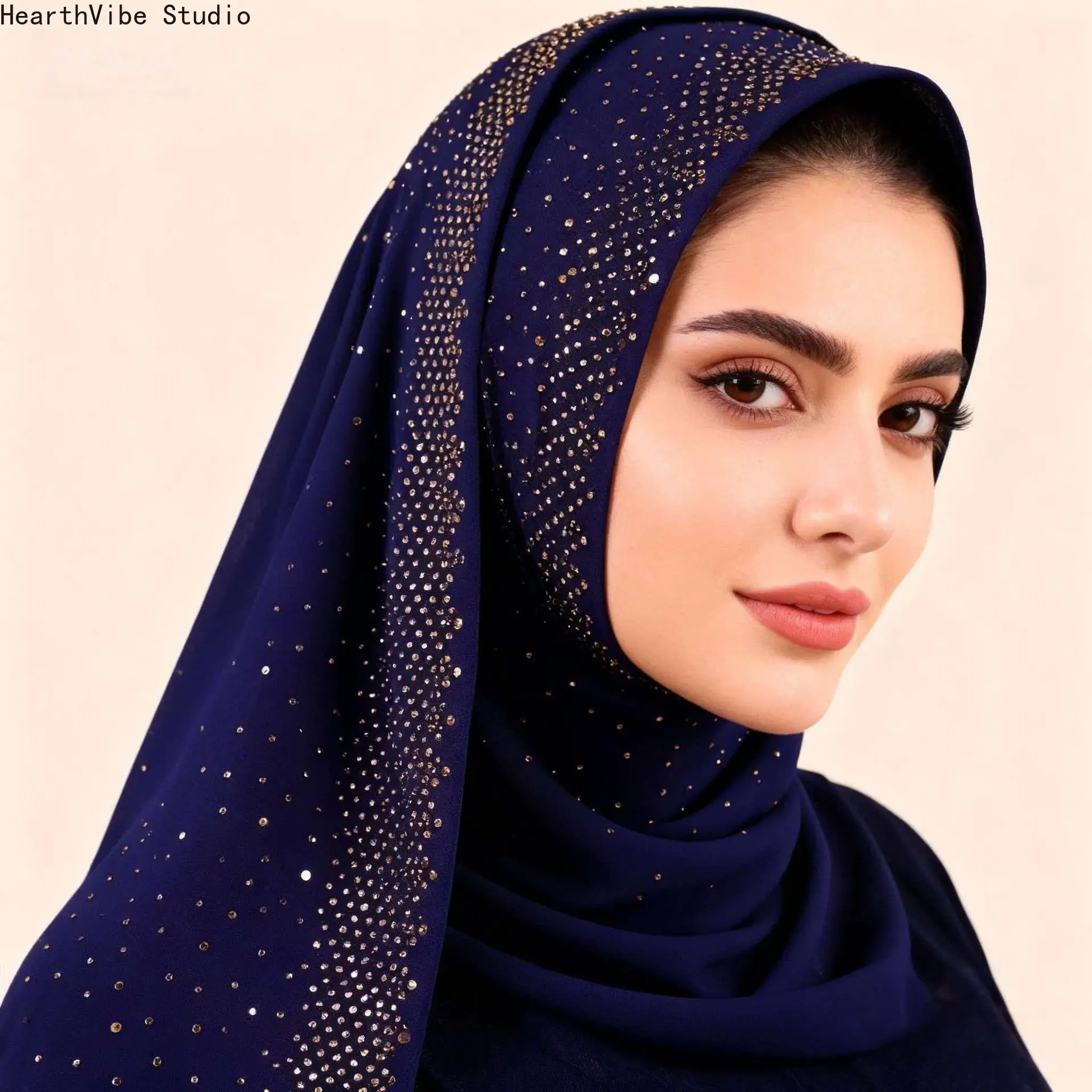 Navy Blue Galaxy Plisse Headscarf in Soft Chiffon for Women, Modest Hijab with Sparkling Gold Rhinestone for Spring Wedding & Evening Events, Modesty Hijab, Fashionable Modest Hijab