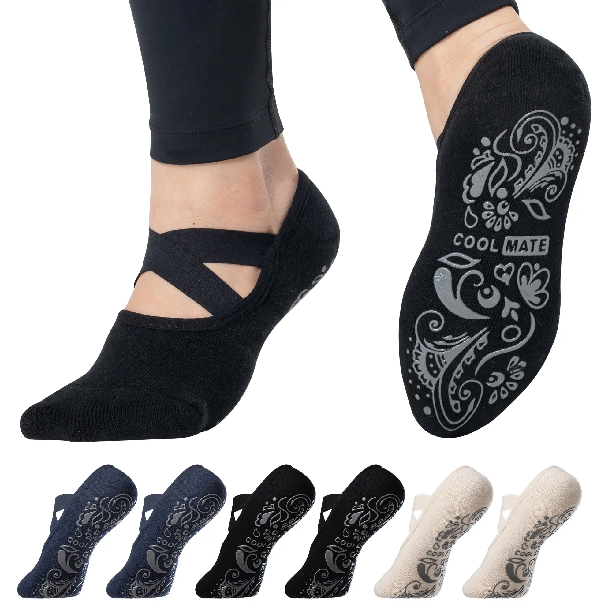 CoolMate Pilates Socks with Grips for Women, Yoga Socks, Crew Non Slip Women for Barre, Pilates Gifts (US, Numeric, 6, 10, Regular, Regular, A-01b. 3 Pairs Barre Navy/Black/Beige)