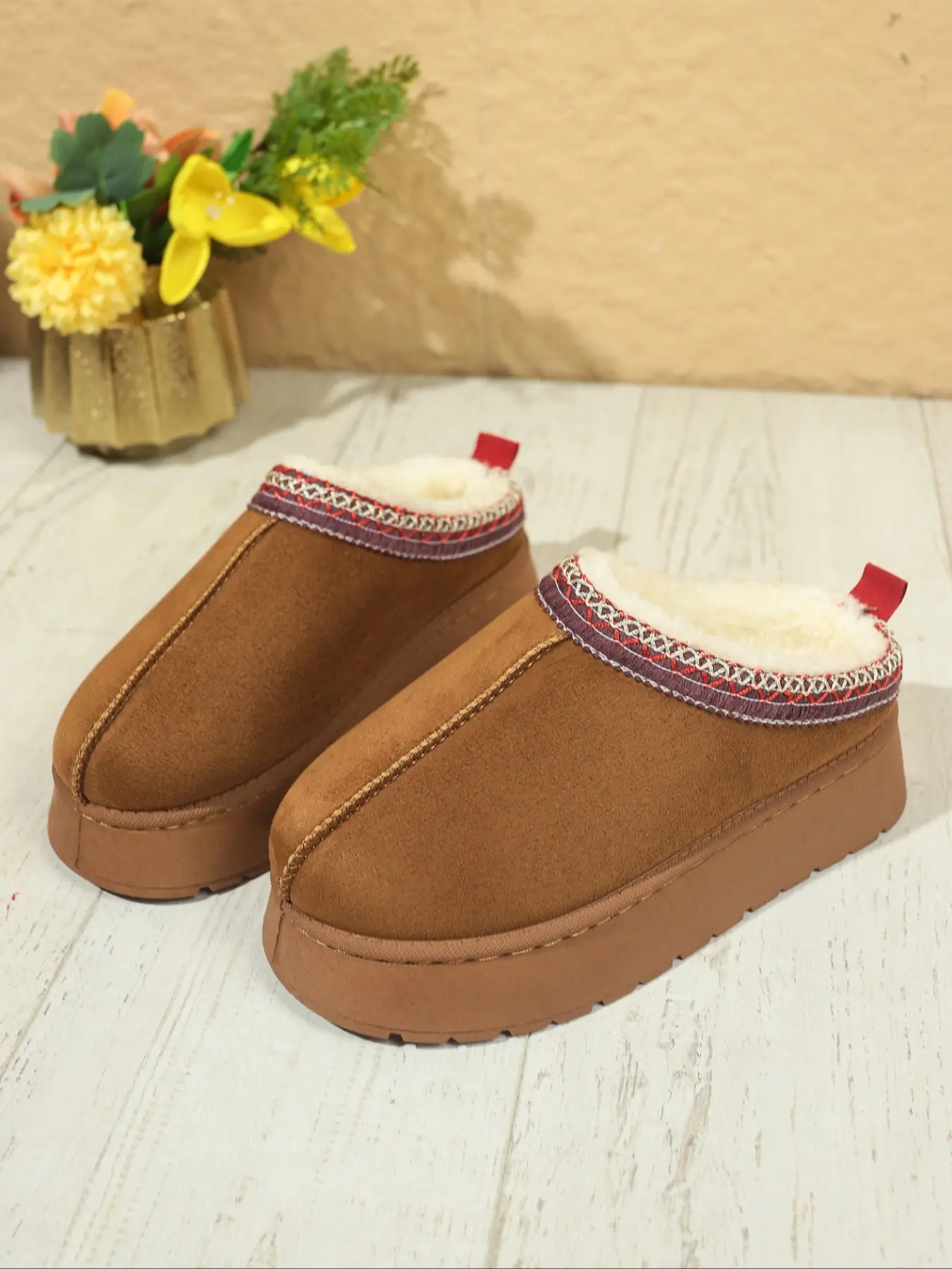 New Women's Platform Fleece Lined Mule Slippers, Ethnic Embroidery Trim Closed Toe Warm Fluffy Slip On Winter Snow Slides For Outdoor Wear