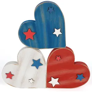 COCHIE Vintage 4th of July Decorations Wooden Hearts Set of 3, Wood Heart Blocks Memorial Day Tiered Tray Decor, Red Blue White Veterans Day Decoration for Home Party Office Shelf Mantle (Patriotic)