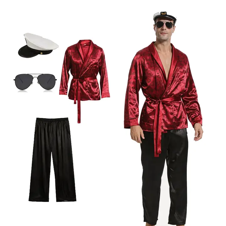 AYJKSEVEN Halloween ThePajamaMan Costume for Unisex, Mogul Outfits Jacket Robe Coat and Black Silk Shirts Pants Menswear Clothing Bestie Beige Plain