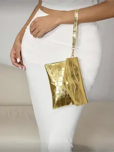 Women's Crocodile Embossed PU Leather Fashionable Shoulder Clutch Bag Elegant Stylish Purse with Metal Chain Shoulder Strap Party Evening Bag for Shopping Travel Graduation Gift