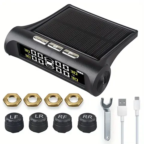 Solar Powered Tire Pressure Monitoring System With 4 External Sensors TPMS  Powered, LCD Digital Color Screen, Tire Monitor For Car tire pressure Auto Parts