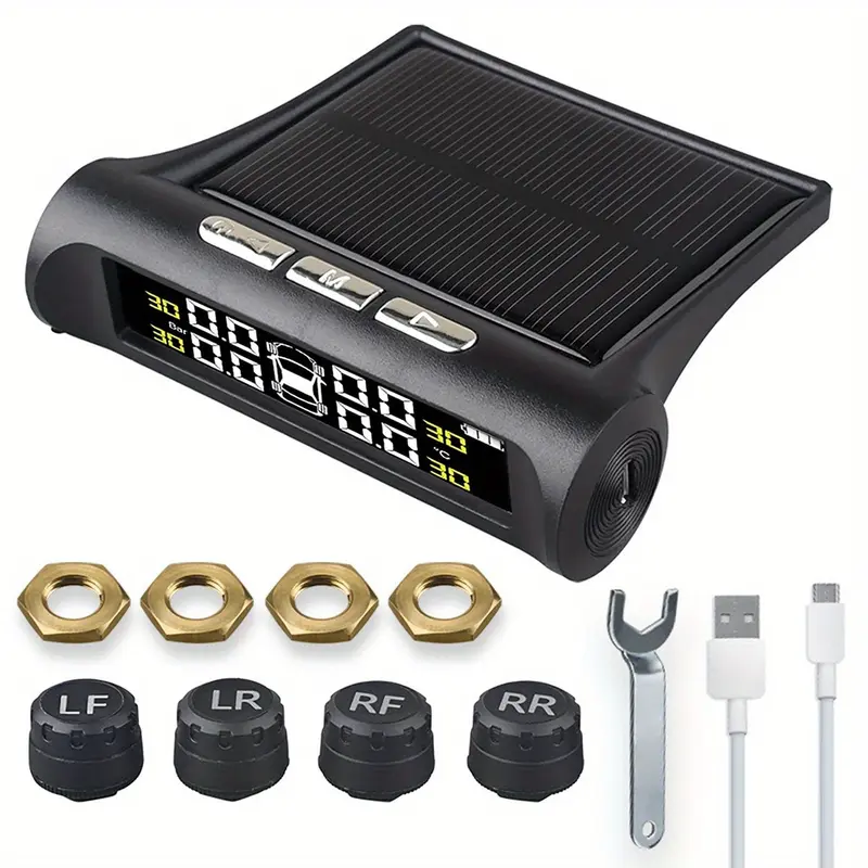 Solar Powered Tire Pressure Monitoring System With 4 External Sensors TPMS Powered, LCD Digital Color Screen, Tire Monitor For Car tire pressure Auto Parts