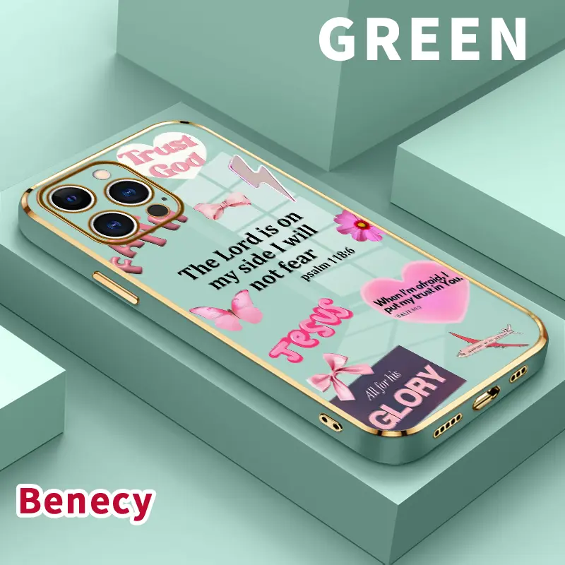 Electroplated Metallic Christian Aesthetic Phone Case for iPhone 11-17, 14 Plus, 15 Pro Max, 16 Air - Soft TPU Silicone, Dirt-Resistant, Easy to Clean, Faith Over Fear Psalm Design - Smartphone Handheld Accessory Gift