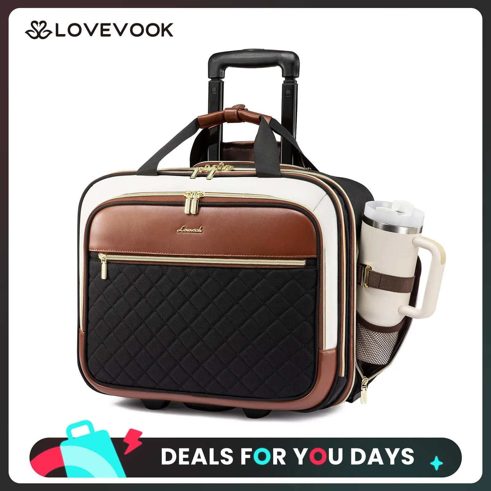 LOVEVOOK Rolling Laptop Bag Women, 17.3 Inch Laptop Briefcase with Wheels, Soft Sided Underseat Carry On Luggage Personal Item Suitcase for Work Travel Business, Black Brown