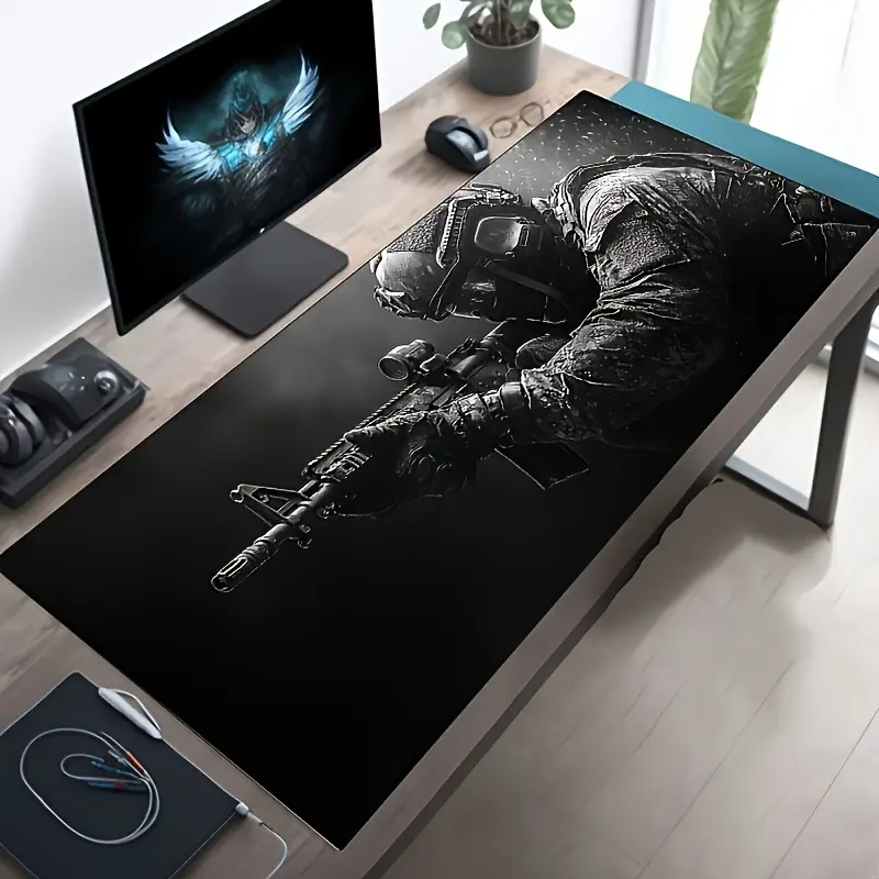 Large Tactical Soldier Design Gaming Mouse Pad - Non-Slip Rubber Base, Smooth Surface, Black with Blue Armor Pattern, Desk Accessory for Gamers, Office Use
