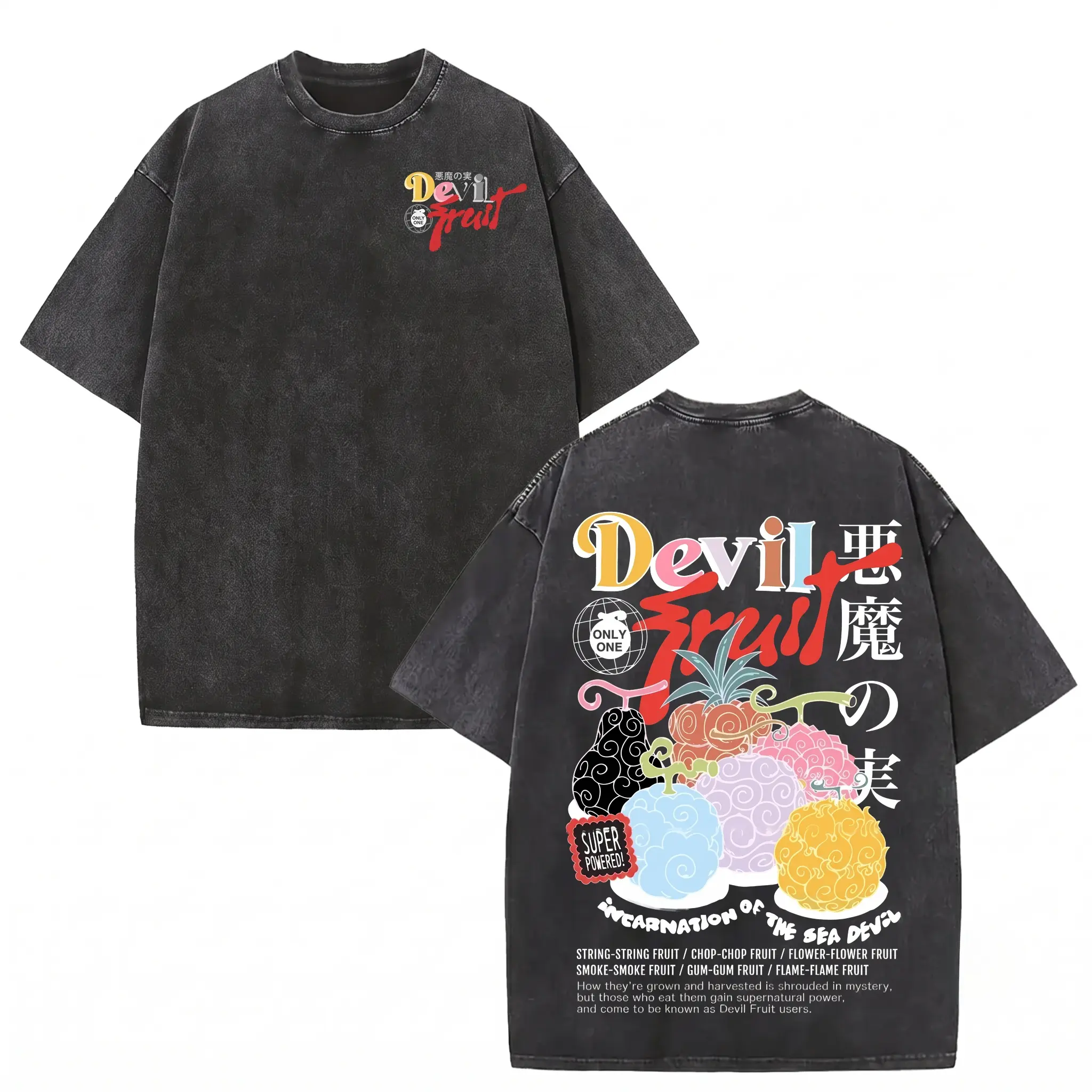 Men's Short-Sleeve Oversized Vintage Acid Wash T-Shirt with Devil Fruit Anime Graphic, Retro Manga Merch