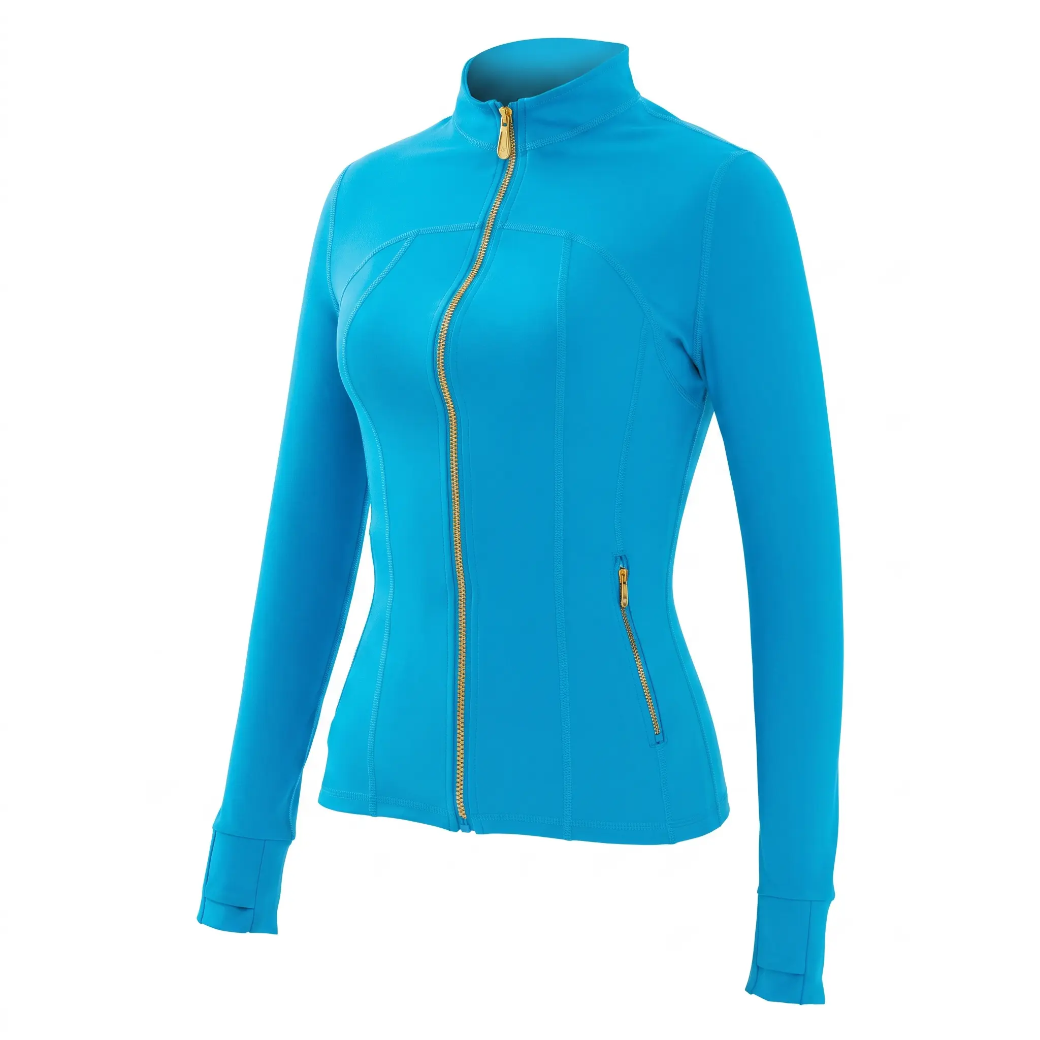 Women Stand Collar Full Zip Yoga Jacket Long Sleeve Thumb Hole Slim Fit Workout Coat with Zipper Side Pockets backtoschool Sport Outerwear Sports Fitness Outerwear