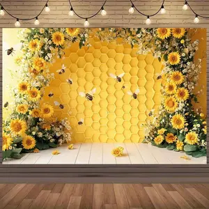 1PC,2D Flat Sunflower Bee Honeycomb Theme Festival Door Banner, Spring Summer Decorative Curtain, Birthday Party Photo Backdrop, Home Store Holiday Atmosphere Decoration Hanging Cloth