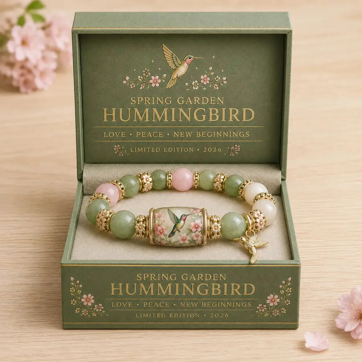 Spring Garden Exclusive  Hummingbird Jade Bead Bracelet | Exquisite Cherry Blossom Enamel Craft  Symbolizes Goodness  The ideal gift choice, exuding an elegant vibe! With a box