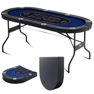 fathersdaygift VEVOR 8 Player Foldable Poker Table, Blackjack Texas Holdem Poker Table with Padded Rails and Stainless Steel Cup Holders, Portable Folding Card Board Game Table, 72 Oval Casino Leisure Table, Blue