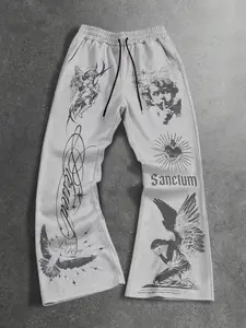Men's Sanctuary Angel Print Flared Pants, Religious Street Style, Featuring Small Angels, Sacred Heart, Blessed Pattern, Spiritual Artistry
