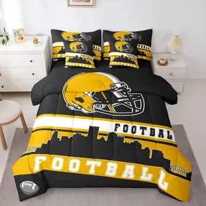 Football City 7 Pcs Comforter Bed Set,Football Bedding Boys Girls Yellow Black Rugby Game Sheet Set,Bed Bag,Football Fans Room Decor Sports Ball Team Bed Set