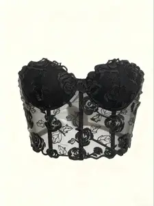 Women's Push Up Corset Padding Bra Top, Transparent Embroidery Floral Design, Steel Ring Support, Lace & Mesh Fabric, Fashionable Women's Clothing