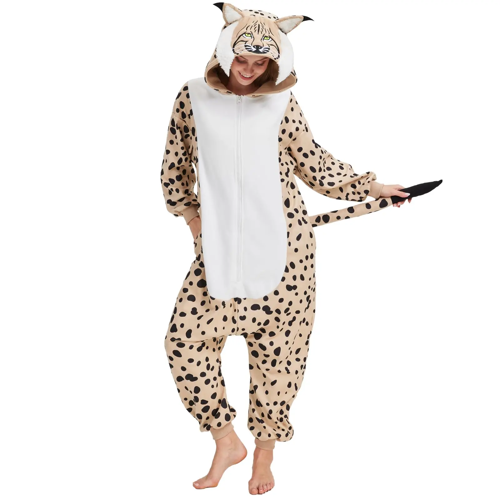 Women's Plush Knitted Onesie Sleepwear, Leopard Animal Print Hooded Costume for Halloween Cosplay, Plus Size Loungewear, Oversize, Casual, Animals, Long Sleeve, Baggy, Oversized, Comfortable, Piece, Classic, Polyester, Knitting, Deep V, Washed