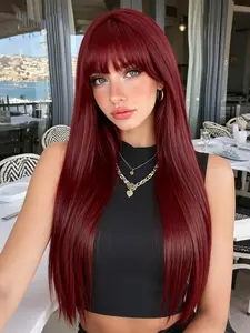 30-Inch 99J Red Wine Long Straight Synthetic Wig, Heat-Resistant Fiber, Adjustable Breathable Cap, Suitable for All Skin Tones, Daily Use/Party/Vacation/Cosplay, Synthetic Hair Wigs
