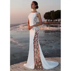 Elegant Women's Evening Lace Splicing Hollow Extra Long Dress with Sleeveless Waisted Hip and Trailing Wedding Essential Outfit in White Chic Fabric Formal Womenswear Polyester Collar Workwear Comfort Spot