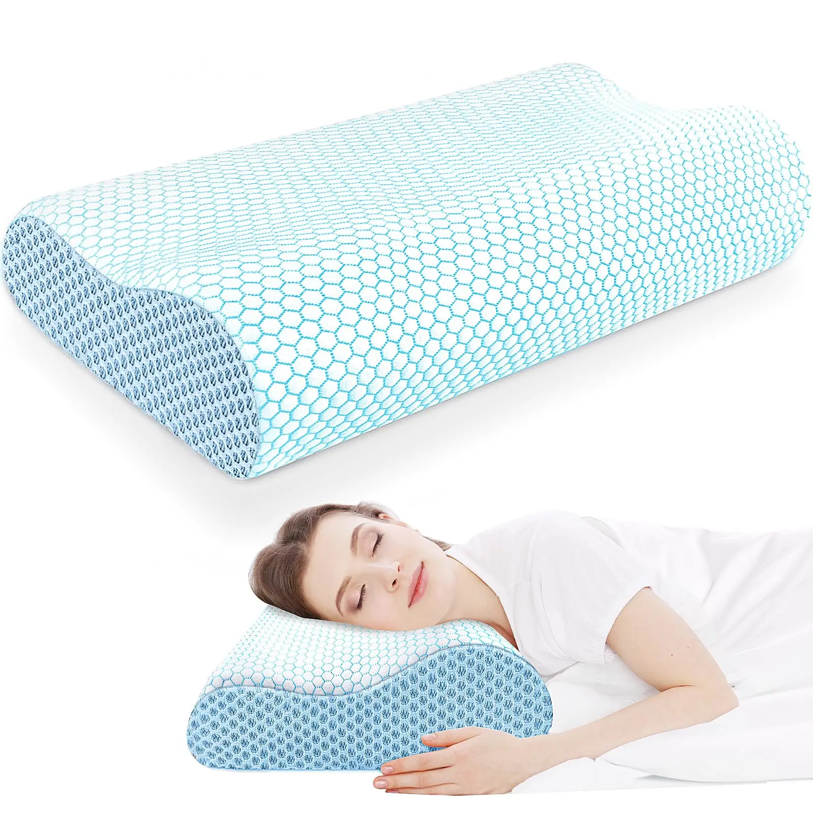 Memory Foam Pillow, Ergonomic Neck Contour Cervical Pillow for Neck and Shoulder Pain, Orthopedic Pillow for Neck Pain Relief, for Sleeping Side, Back, Stomach Sleepers - Blue, Standard