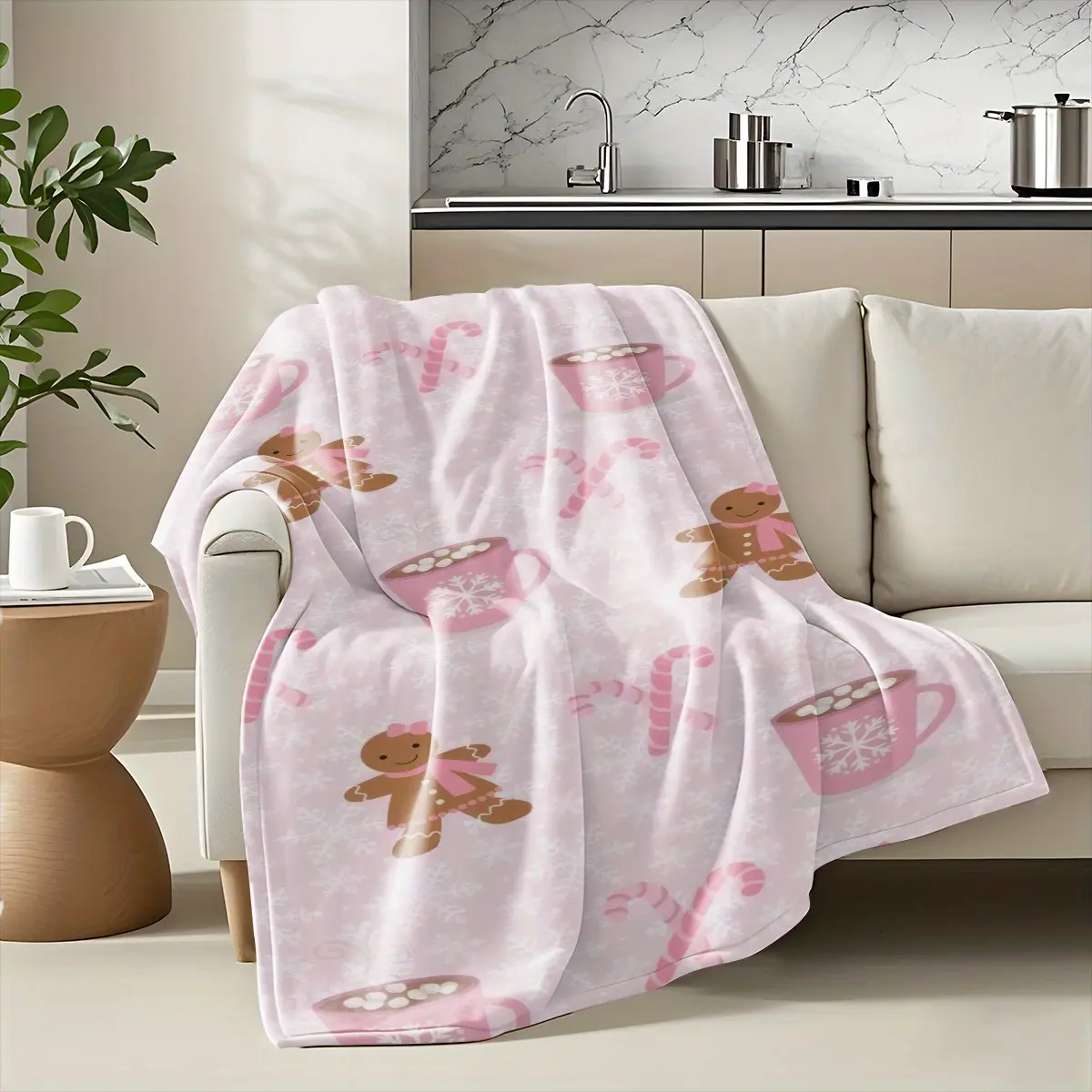 Cozy Chic Pink Gingerbread-Candy Cane Print Throw Blanket - Soft Comfy Lightweight Polyester, All-Season Comfort for Sofa, Bed, Office - Ideal Holiday Gift, Versatile Textile Throw, Cozy Chic Blanket, Soft Comfy Blanket