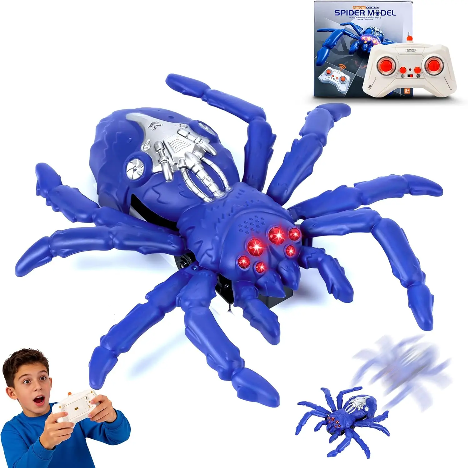 Realistic Wall-Climbing RC Spider Toy - Eco-Friendly ABS Plastic Rechargeable Remote Control Creepy Crawler with Glowing Eyes, 360° Stunts for Walls & Ceilings, Unisex Boy Gifts for 3+ Kids (Birthdays/April Fools' Day Prank, All Seasons)