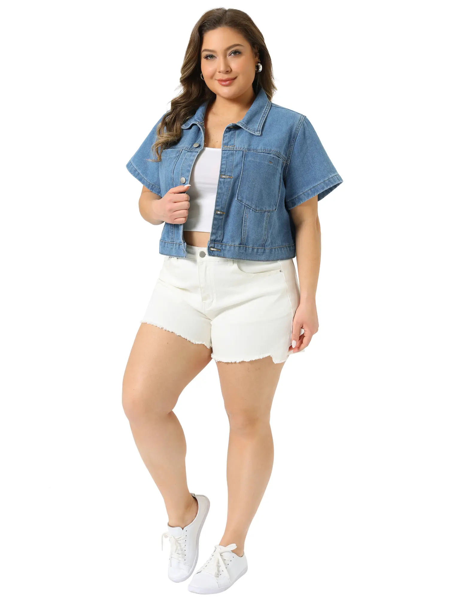 Agnes Orinda Plus Size Denim Jackets for Women Classic Short Sleeve Button Down Washed Cropped Jean Jacket