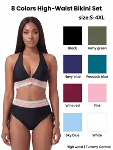 2026 Women's High-Waist Bikini Set Colorful Drawstring Swimsuit V-Neck Push-Up Best-Selling Swimwear