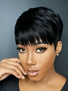 Straight Human Hair Wig for Women Pixie Cut Full Machine Made Wig Glueless Human Wigs 150% Density 6 Inch Wig Ideal for Daily Use and Special Occasions like Christmas and New Year Party