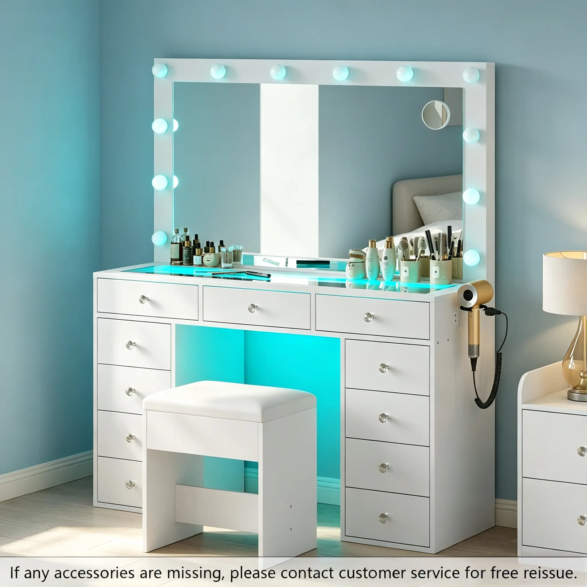 CollaredEagle Vanity Desk with Tempered Glass Topwith & Power Outlet, 11 Drawers Vanity Table with 3 RGB Drawers & Chair, Makeup Vanity with 12 LED Lights, Dressing Table for Bedroom,Dressing Room